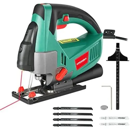 HYCHIKA Jig Saw, 6 Amps 750W Orbital Jigsaw 800-3000SPM with 6 Pcs Cutting Blades,6 Various Speed and 4 Orbital Set, ±45° Bevel,Laser Guide