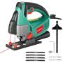 HYCHIKA Jig Saw, 6 Amps 750W Orbital Jigsaw 800-3000SPM with 6 Pcs Cutting Blades,6 Various Speed and 4 Orbital Set, ±45° Bevel,Laser Guide