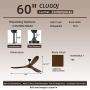 CLUGOJ Ceiling Fan, Outdoor Ceiling Fan with Remote Control 60 Modern Ceiling Fan with 3 Wood Dark Walnut Blades Noiseless Energy Efficient DC Motor and Matte Black