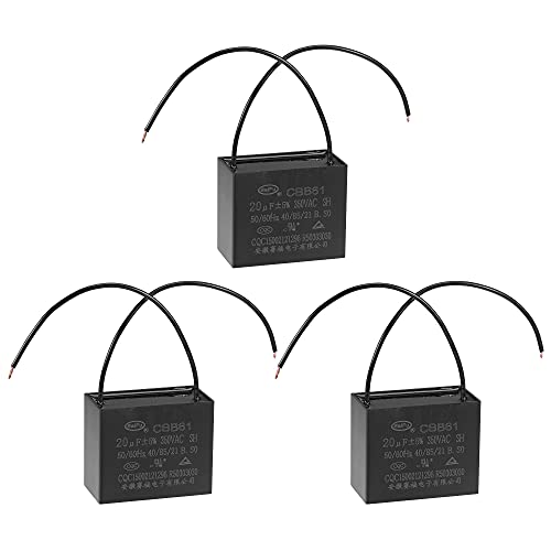 uxcell Ceiling Fan Capacitor CBB61 20uF 350V AC 2 Wires Metallized Polypropylene Film Capacitor 58x48x30mm for Electric Fan Pump Motor Generator 3Pcs