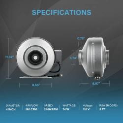 iPower 4 Inch 190 CFM Duct Inline HVAC Exhaust Blower Ventilation Fan with Variable Speed Controller, 4