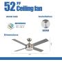 warmiplanet Ceiling Fan with Lights Remote Control, 52-Inch, Brushed Nickel Motor (4-Blades)