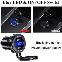 2 Pack Dual USB C Car Charger Socket, 12V/24V USB Outlet, PD Type C Fast Car Charger with LED Voltmeter & Button Switch for Car Boat Marine Bus Truck Motorcycle GOBGOD