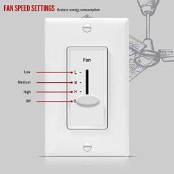 ENERLITES 3 Speed Decora in Wall Ceiling Fan Control, Slide Switch, 120VAC, 2.5A, Single-Pole, Neutral Wire NOT Required, 17000-F3-W2P, White, 2 Pack