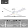 Ceiling Fans with Lights Remote Control,SNJ 52 inch Modern Ceiling Fan for Bedroom,Kitchen,Living Room,White Ceiling Fan with Light indoor,AC Quiet Reversible Motor Fan,LED,Timing,4 Blades