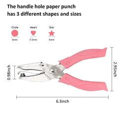 3 PCS Handheld Hole Paper Punch Coolrunner Handheld Metal Single Hole Paper Punch DIY Handheld Punch Hole Circle/Star/Heart-Shaped Single-Hole Paper Puncher