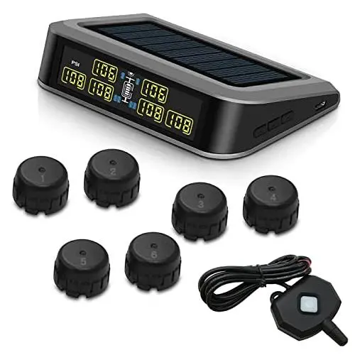 Système de Surveillance de Pression des Pneus Easesuper RV, TPMS Solaire avec 6 Capteurs (0~199 Psi) & Ampli, 7 Modes d'Alarme pour Remorques, Caravanes, Camping-Cars, Camions Système de Surveillance de Pression des Pneus Easesuper RV, TPMS Solaire avec 6 Capteurs (0~199 Psi) & Ampli, 7 Modes d'Alarme pour Remorques, Caravanes, Camping-Cars, Camions