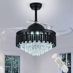 42 Inches Black Ceiling Fan,Invisible Blades Crystal Fandelier Modern Remote Control 6 Speeds Set Retractable Ceiling Fan Chandelier Lighting for Dinning Room Bedroom Living Room (Dimmable)