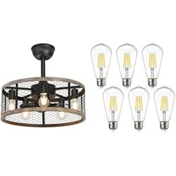 Ohniyou 20 Caged Ceiling Fans and Vintage LED Edison Bulbs,Rustic Farmhouse Ceiling Fan with Lights Remote Control, Reversible Motor, 3 Speeds, 4 Hours Timing