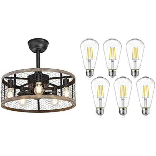 Ohniyou 20 Caged Ceiling Fans and Vintage LED Edison Bulbs,Rustic Farmhouse Ceiling Fan with Lights Remote Control, Reversible Motor, 3 Speeds, 4 Hours Timing
