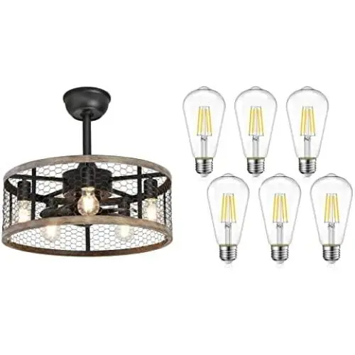 Ohniyou 20 Caged Ceiling Fans and Vintage LED Edison Bulbs,Rustic Farmhouse Ceiling Fan with Lights Remote Control, Reversible Motor, 3 Speeds, 4 Hours Timing