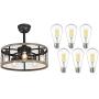 Ohniyou 20 Caged Ceiling Fans and Vintage LED Edison Bulbs,Rustic Farmhouse Ceiling Fan with Lights Remote Control, Reversible Motor, 3 Speeds, 4 Hours Timing