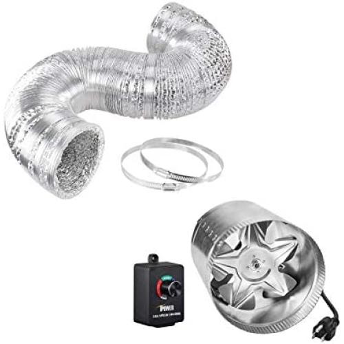iPower 6 Inch 240 CFM Inline Duct Vent Blower Booster Fan with 16 Feet Non-Insulated Flex Air Aluminum Ducting Dryer Vent Hose and Variable Speed Adjuster for HVAC Ventilation