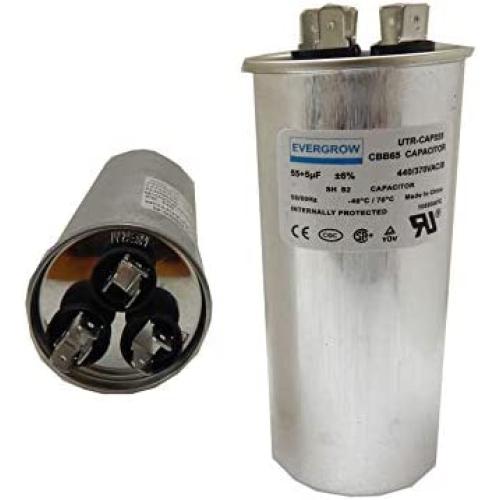 EverGrow 55+5 MFD uf 370 or 440 Volt VAC Round Dual Run Capacitor for Air Conditioner or Heat Pump Condenser - 55/5 Microfarad Runs AC Motor and Fan