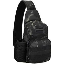 Protector Plus Tactical Sling Bag Military MOLLE Crossbody Pack Chest Shoulder Backpack with Water Bottle Holder Pouch EDC Diaper Motorcycle Bicycle Daypack (Patch Included),Black Camo