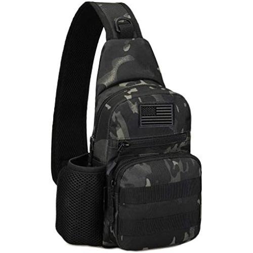 Protector Plus Tactical Sling Bag Military MOLLE Crossbody Pack Chest Shoulder Backpack with Water Bottle Holder Pouch EDC Diaper Motorcycle Bicycle Daypack (Patch Included),Black Camo