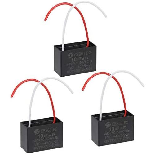 uxcell Ceiling Fan Capacitor CBB61 10uF 450V AC 2 Wires Metallized Polypropylene Film Capacitor 51x35x25mm for Electric Fan Pump Motor Generator 3Pcs