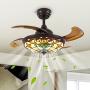 NOXARTE Tiffany Ceiling Fan Retractable Invisible Blades LED Dimmable Vintage Chandelier Lighting Fixture Remote Control 36 Inch for Dining Room Bedroom
