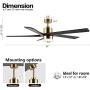 WINGBO 54 Inch DC Ceiling Fan with Lights and Remote Control, 5 Reversible Carved Wood Blades, 6-Speed Noiseless DC Motor, Modern Ceiling Fan in Brass Finish with Black Blades, ETL Listed
