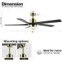 WINGBO 54 Inch DC Ceiling Fan with Lights and Remote Control, 5 Reversible Carved Wood Blades, 6-Speed Noiseless DC Motor, Modern Ceiling Fan in Brass Finish with Black Blades, ETL Listed