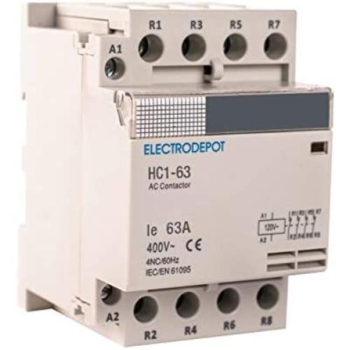 Electrodepot 30 Amp 4 Pole Normally Closed IEC 400V Contactor (Silent Operation) – 110-120VAC Coil, Inductive 30A, Resistive 50A with Mounting Base for DIN Rail