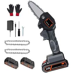 Cordless Electric Portable Chainsaw, 4 Inch Mini Battery Chain Saw with 2Pcs Batteries & Chain Brushless Motor, 24V Electric Hand Chainsaw 0.7kg Lightweight, Electric Saws for Cutting Wood