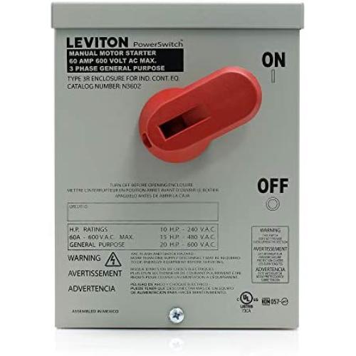 Leviton N3602 60 Amp, 600 Volt, Toggle In Type 3R Enclosure, Double-Pole, AC Motor Starting Switch, Suitable as Motor Disconnect, Industrial Grade, Black