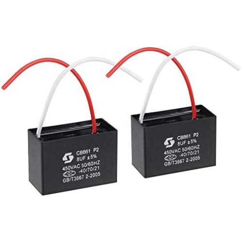 uxcell Ceiling Fan Capacitor CBB61 8uF 450V AC 2 Wires Metallized Polypropylene Film Capacitor 51x35x25mm for Electric Fan Pump Motor Generator 2Pcs
