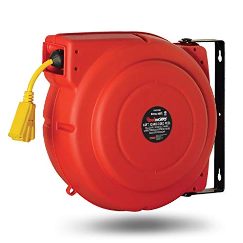 ReelWorks Extension Cord Reel Retractable 12AWG x 65 Foot 3C/SJT Heavy Duty Commercial Cable Triple Tap Connector Power 15A 125VAC 1875W