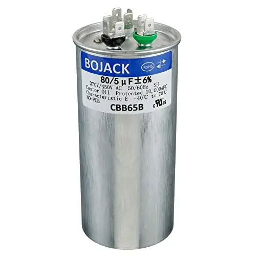 BOJACK 80+5 uF 80/5 MFD ±6% 370/450 V AC CBB65 Dual Run Circular Start Capacitor for AC Motor Run or Fan Start or Condenser Straight Cool or Heat Pump Air Conditioner