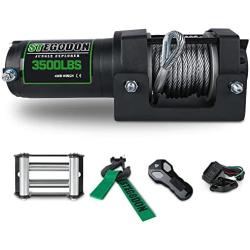 STIMULATER New 3500lbs.Load Capacity Winch 12V Steel Cable Winch Waterproof IP 67 Electric Winch with Wired Remote and Wireless Remotes, 4-Way Roller Fairlead, Strap and Hook for ATV/UTV/Boat (Black)…