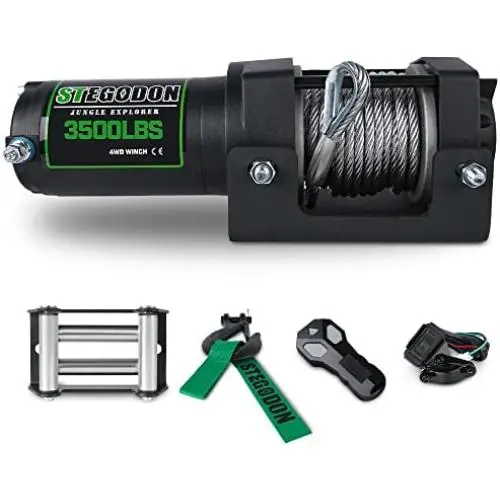 STIMULATER New 3500lbs.Load Capacity Winch 12V Steel Cable Winch Waterproof IP 67 Electric Winch with Wired Remote and Wireless Remotes, 4-Way Roller Fairlead, Strap and Hook for ATV/UTV/Boat (Black)…