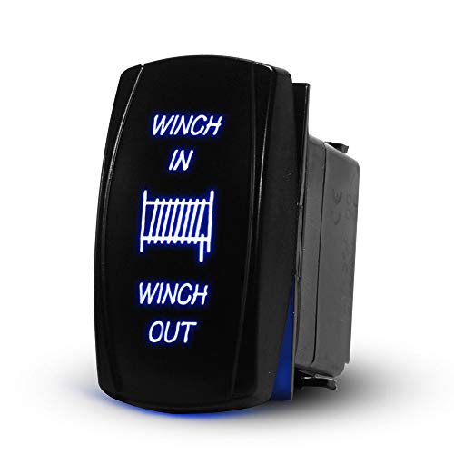 Winch in/Out Momentary Rocker Switch Laser On/Off LED Light 20A/12V, 10A/24V 7Pin Switch With Jumper Wires Set for for Auto Automotive Motorcycle Truck Boat Marine Off-Road ATV Replace Kit (Blue)
