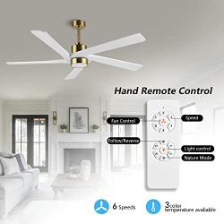 WINGBO 54 Inch DC Ceiling Fan with Lights and Remote Control, 5 Reversible Carved Wood Blades, 6-Speed Noiseless DC Motor, Modern Ceiling Fan in Brass Finish with White Blades, ETL Listed