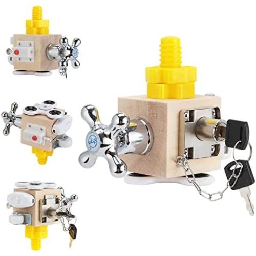 Busy Cube Enlightenment Toys,Busy Activity Cube,Wooden Montessori Toys for 3-6 Year Old, Sensory Toys Busy Board for Toddlers, Travel Fidget Toys Baby Box(Faucet Busy Box)