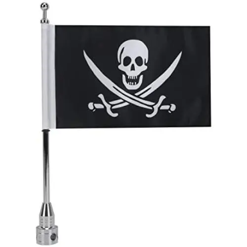Motorcycle Flagpole Mount with Skull Flag for Harley Davidson Honda Goldwing CB VTX CBR Yamaha - Fits 1/2