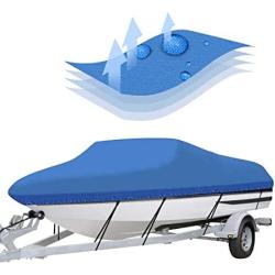 14-16ft Trailerable 210D Boat Cover, Heavy Duty Waterproof UV Resistant Marine Grade Oxford Fabric fits V-Hull,TRI-Hull,Trailer,Pro-Style,Fishing Ski,Runabout,Bass Boat with Strap Blue