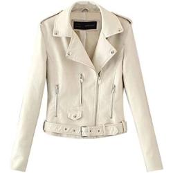 Women Ladies Lapel Motor Jacket Coat Zip Biker Short Punk Cropped Tops Solid Color Faux Leather Jacket