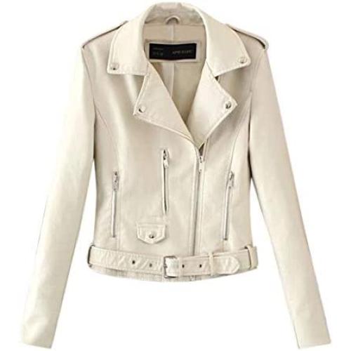 Women Ladies Lapel Motor Jacket Coat Zip Biker Short Punk Cropped Tops Solid Color Faux Leather Jacket