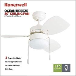Honeywell Ceiling Fans 50600-01 Ocean Breeze Contemporary, 30” LED Frosted Light, Light Oak/Satin Nickel Finish Blades, White