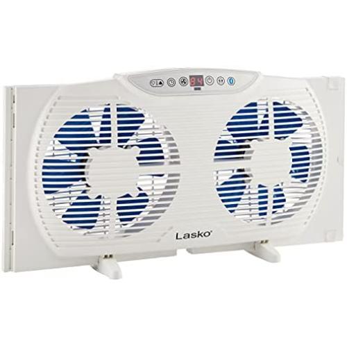 Lasko W09560 Bluetooth Enabled Twin 9-Inch Window Fan with Independent Electrically Reversible Intake & Exhaust Motors with Thermostat and Timer for Bedroom Indoor Home Use, White