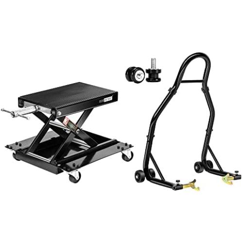 VIVOHOME 1100 Lbs Steel Wide Deck Motorcycle Lift ATV Scissor Lift Jack with SPECSTAR Heavy Duty Motorcycle Rear Wheel Lift Universal Sport Bike Swingarm Spool Paddock Stand Combo