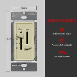 ENERLITES 3 Speed Ceiling Fan Control and LED Dimmer Light Switch, Light and Fan Combination Switch, Single Pole, 2.5A, 300W Incandescent, No Neutral Wire Required, 17001-F3-I-F, Ivory