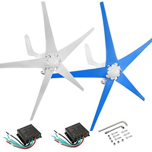 Dyna-Living 2pcs 500W 12V Wind Turbine Generator Blue and White 5 Blades Wind Turbine Motor with Charge Controller for Home Marine Industrial Energy (Not Included Mast)
