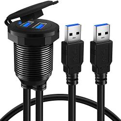 BATIGE 2 Pack Alloy Dual Port USB 3.0 Car Dashboard Flush Mount Cable, Male to Female with LED Indicator Extension Cable for Car Truck Boat Motorcycle Dashboard Panel - 3ft