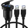 BATIGE 2 Pack Alloy Dual Port USB 3.0 Car Dashboard Flush Mount Cable, Male to Female with LED Indicator Extension Cable for Car Truck Boat Motorcycle Dashboard Panel - 3ft