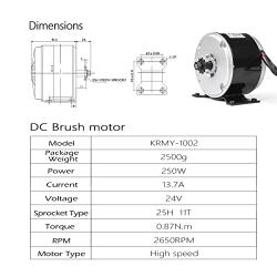 Kunray Electric Brush Motor 24V 250W Permanent Magnet Brushed DC Motor 2650RPM Brush Motor for Scooter Bicycle