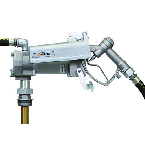 GROZ 24-Volt DC Heavy Duty Fuel Transfer Pump for Gasoline, Diesel, & Oil, 15 GPM, Explosion Proof UL/cUL Listed Motor, Includes Manual Nozzle, ¾” NPT x 12’ Hose and 15 battery cables (44041)