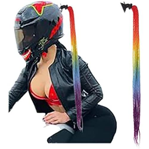 deladola Helmet Pigtail Helmet Braids Ponytail Gradient Motor Bike Ski with Reusable Suction Cup Hair Accessory for Women(Helmet not Included)