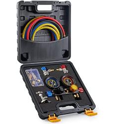 Orion Motor Tech 4 Way AC Gauge Set, AC Manifold Gauge Set for R410a R22 R134a Refrigerant, 4 Valve Automotive AC Gauges with 5ft Hoses, R410a Adapters, Can Tap